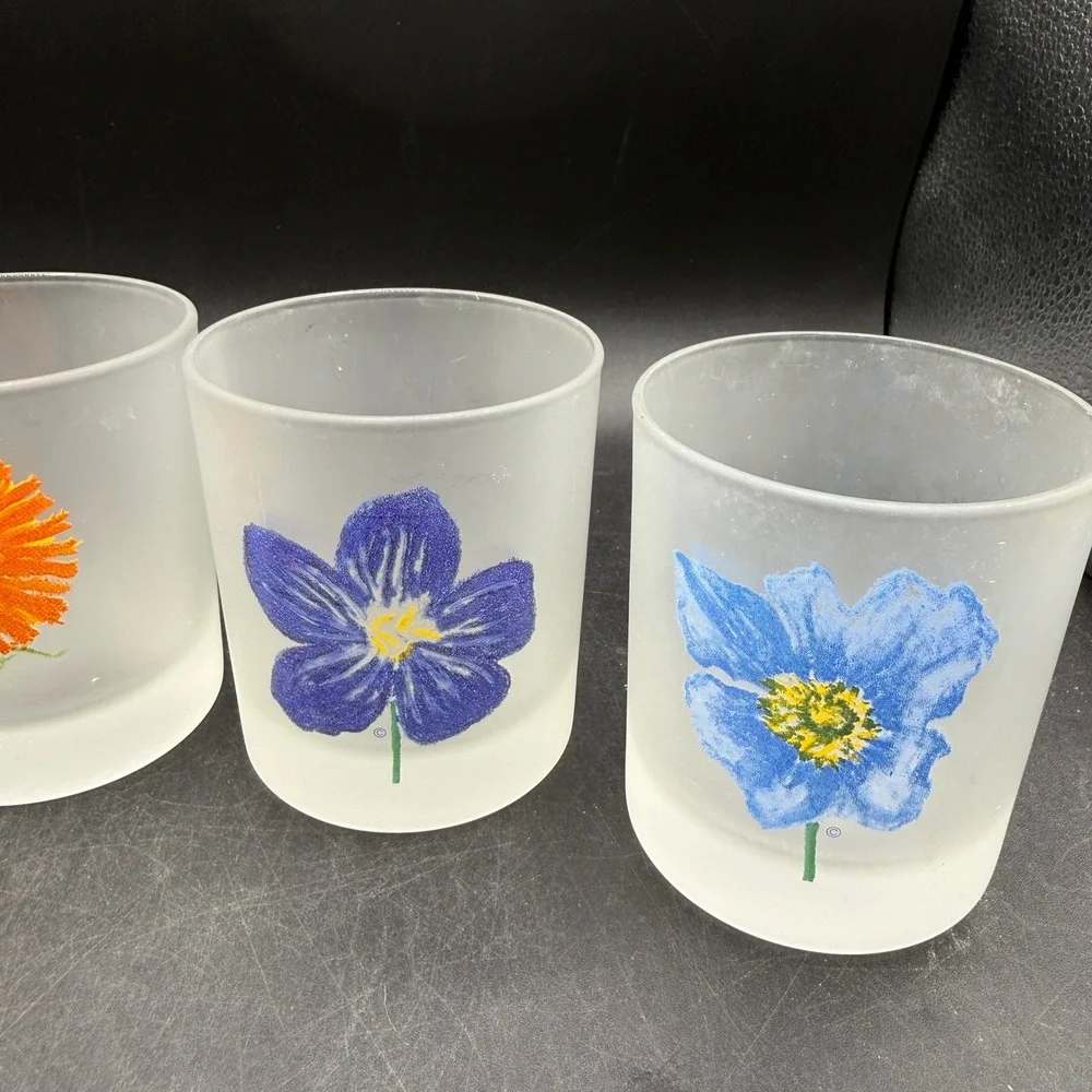 Vintage Dartington Designs France Frosted Lowball Glass Set 5 Floral Whiskey